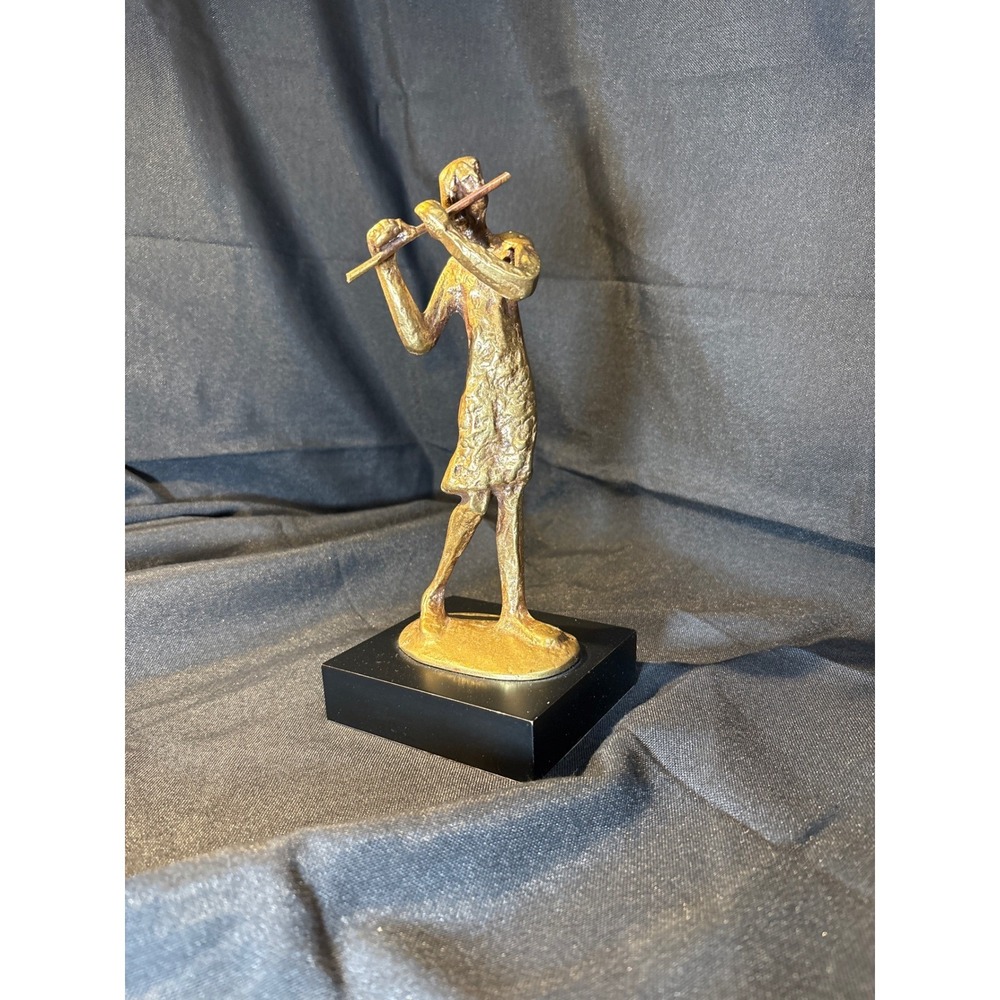 Vintage 1986 Bronze Tone Flutist Figurine Sculpture Made‎ in Korea on Black Base